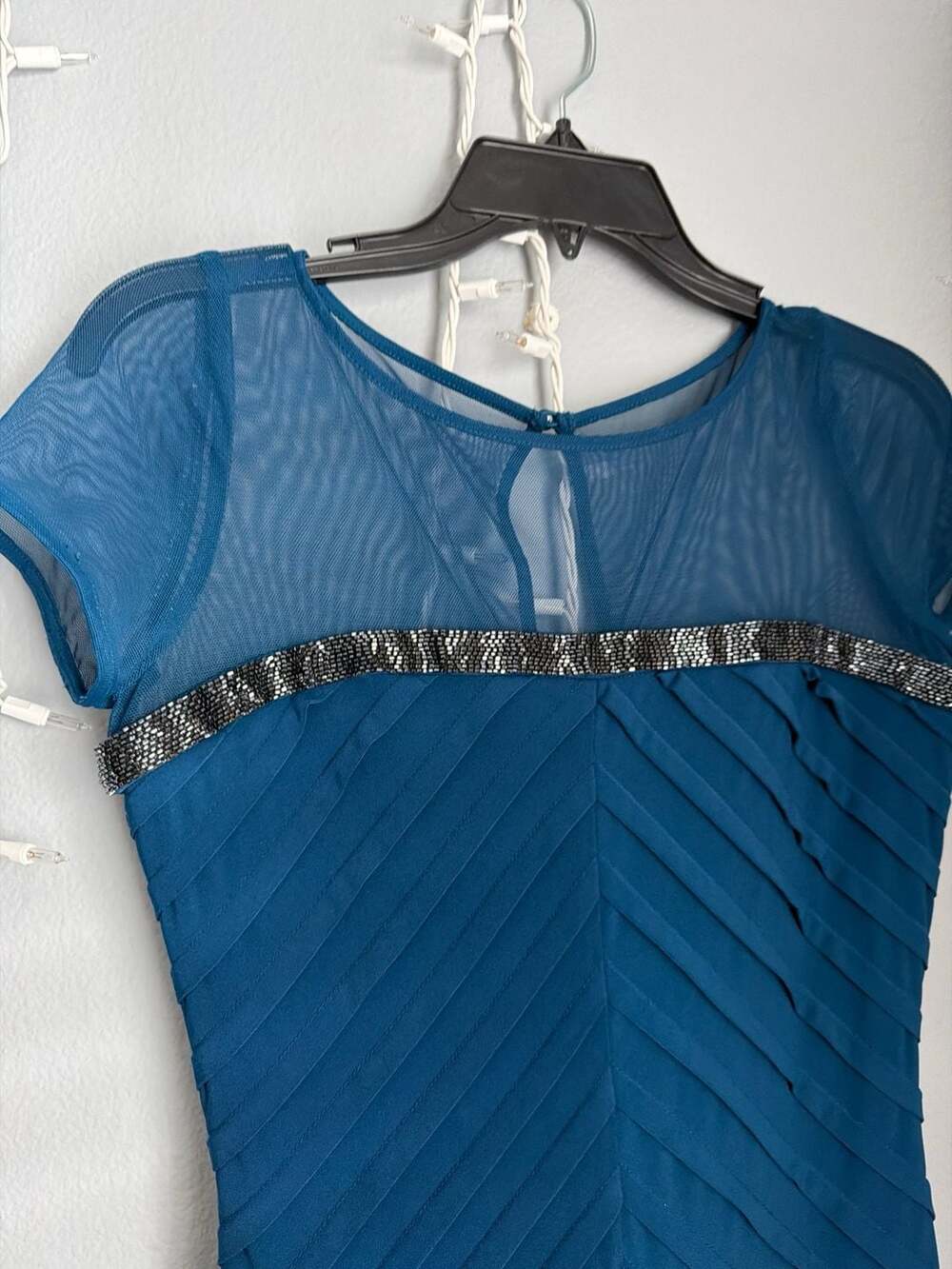 Calvin Klein Teal Mesh Yoke Beaded Chevron Pleated Sheath Dress - Picture 3 of 12